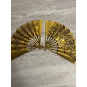 Vintage 1970s Asian modern solid brass dragon and flower motif fans/ wall art